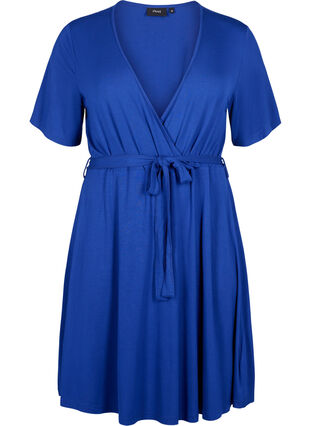Wrap dress in viscose with short sleeves - Blue - Sz. 40-64 - Zizzifashion Wrap dress in viscose with short sleeves - Blue - Sz. 40-64 - Zizzifashion
