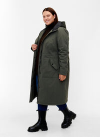 Parka coat with hood and adjustable waist, Black Olive, Model