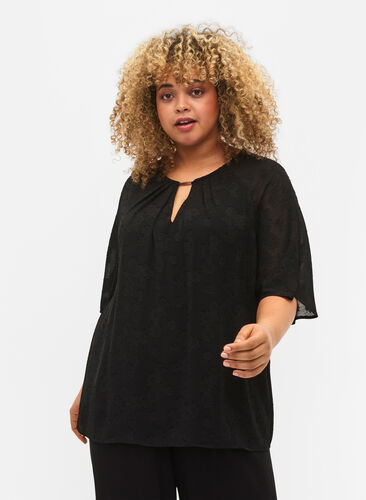 Short-sleeved blouse with structure, Black, Model image number 0