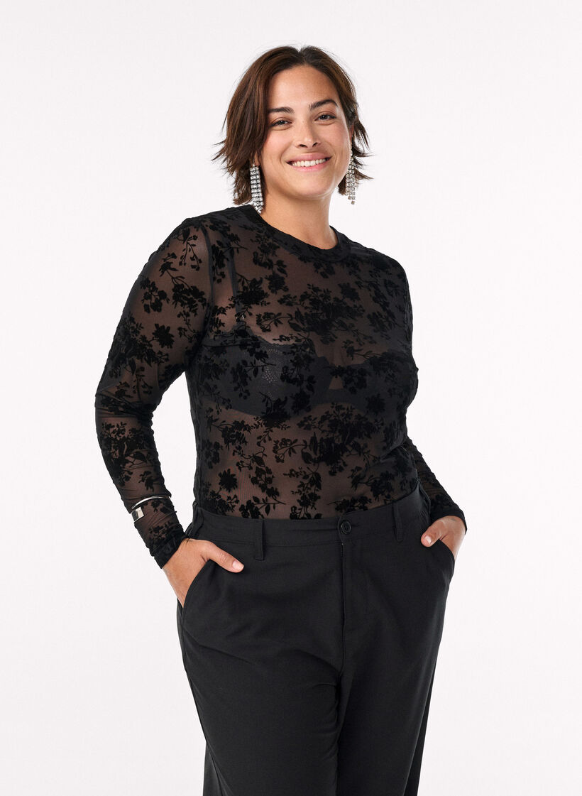 Mesh blouse with floral pattern, Black, Model image number 0