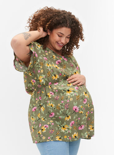 Floral maternity blouse in viscose, Green Flower Print, Model image number 0