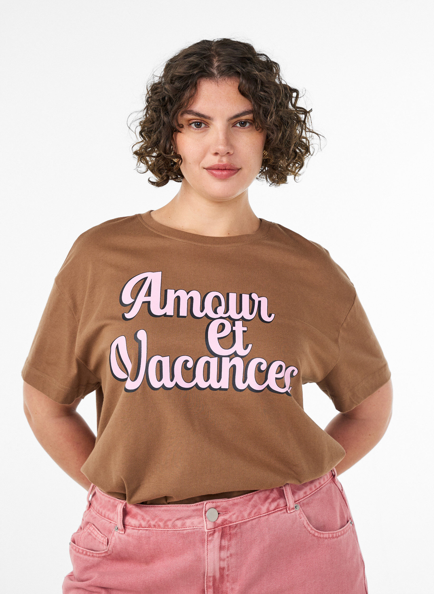 Zizzifashion100% cotton T-shirt with short sleeves and print, Brown, Model image number 0