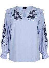 Cotton blouse with embroidery and ruffles, Ch. Blue w. Navy, Packshot