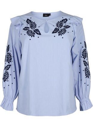 Cotton blouse with embroidery and ruffles, Ch. Blue w. Navy, Packshot image number 0