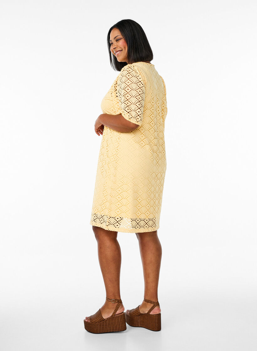 Knee-length dress with eyelet pattern and short sleeves, Yellow, Model image number 2