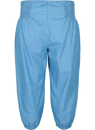 Loose cotton 3/4-length trousers with smock effect, Light blue denim, Packshot image number 1