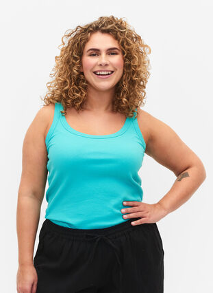 Ribbed tank top in cotton, Blue Turquoise, Model image number 0
