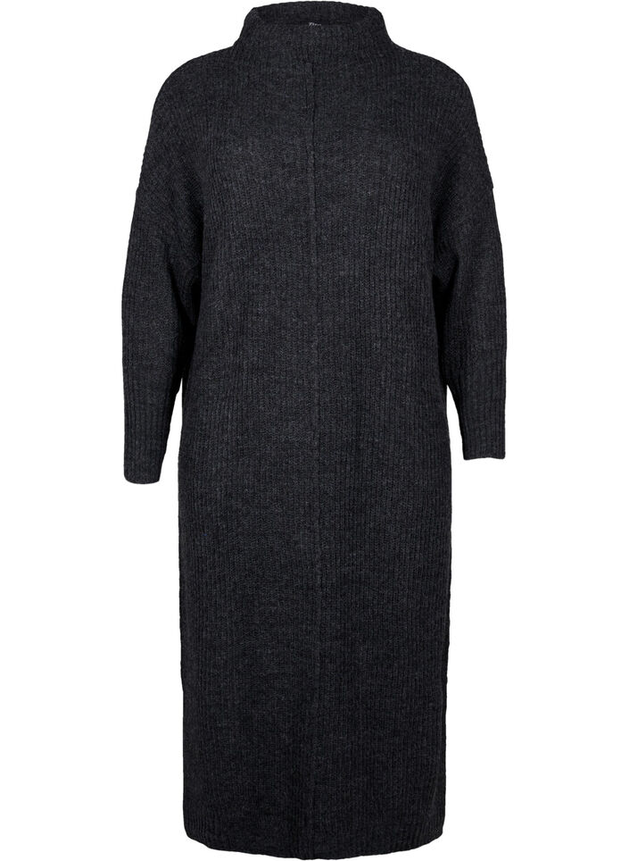 Long oversized knitted dress with slit, Dark Grey, Packshot image number 0