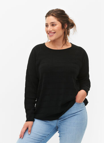 Knitted blouse with tone-on-tone stripes, Black, Model image number 0