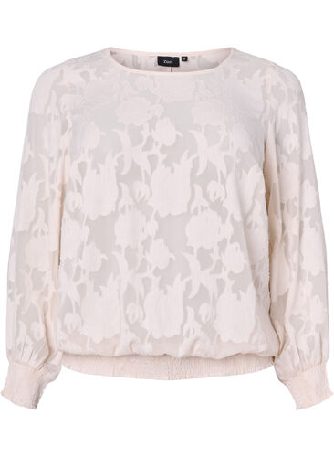 Jacquard blouse with smocking, Warm Off-white, Packshot image number 0