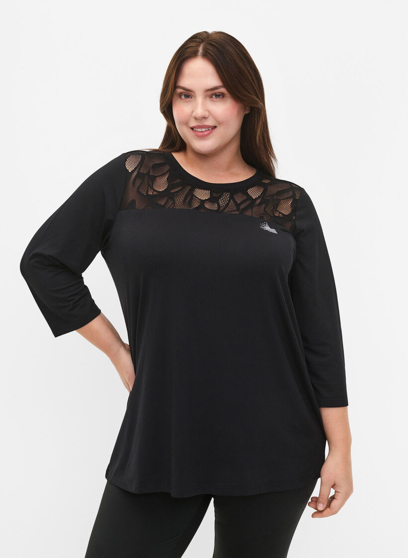 Workout t-shirt with 3/4 sleeves and patterned mesh, Black, Model image number 0