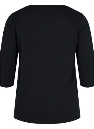 Plain-coloured cotton blouse with 3/4-length sleeves and slits, Black, Packshot image number 1