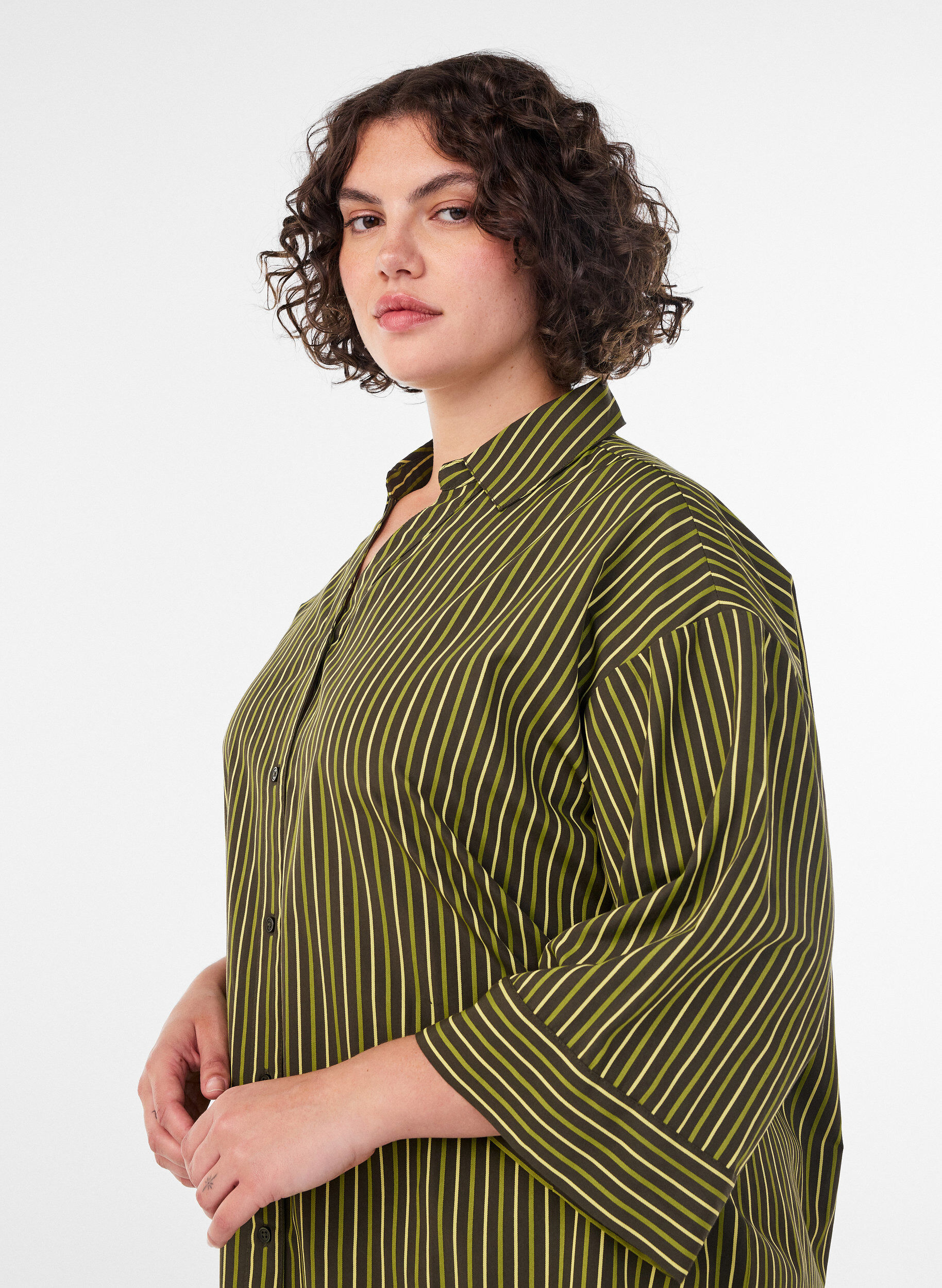 ZizzifashionLoose striped shirt with 3/4 sleeves, Green, Model image number 3