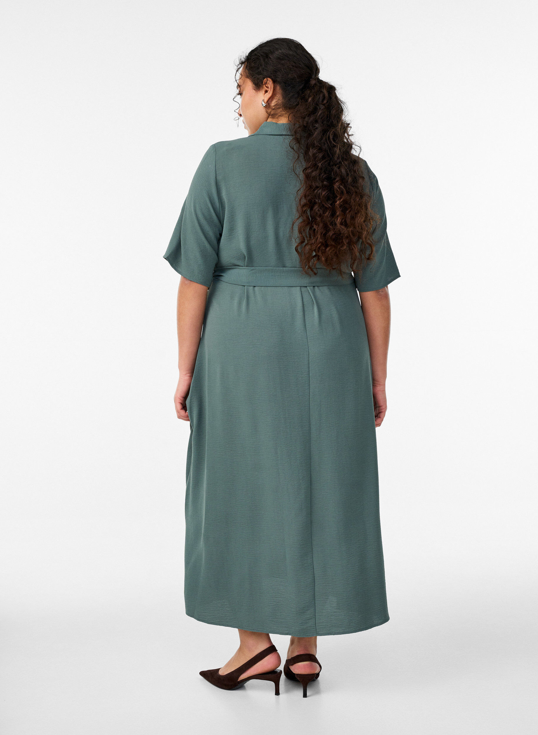 Zizzifashion Midi shirt dress with tie belt, Green, Model image number 1