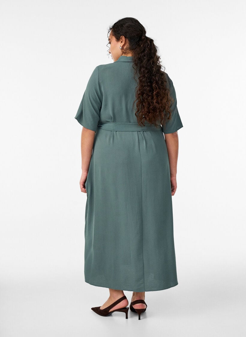 Midi shirt dress with tie belt, Green, Model image number 1