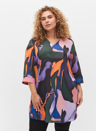 Printed tunic with 3/4 sleeves and v neck, Big Scale Print, Model image number 0