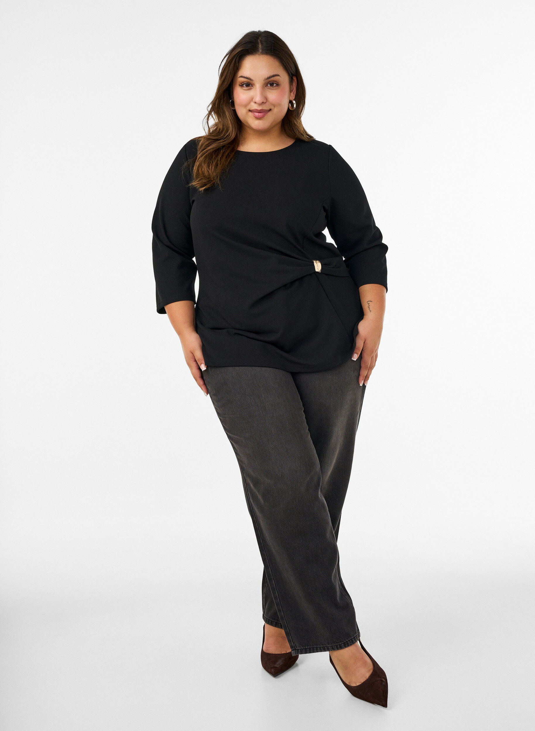 ZizzifashionBlouse with asymmetric draping and 3/4 sleeves, Black, Model image number 1