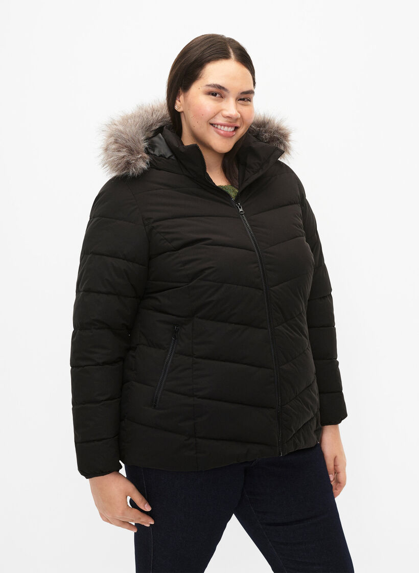 Short puffer jacket with hood, Black, Model image number 0