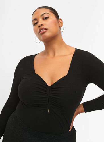 Ribbed blouse with hole detail, Black, Model image number 2