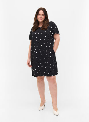 Short-sleeved polka dot viscose dress, Black Dot, Model image number 2