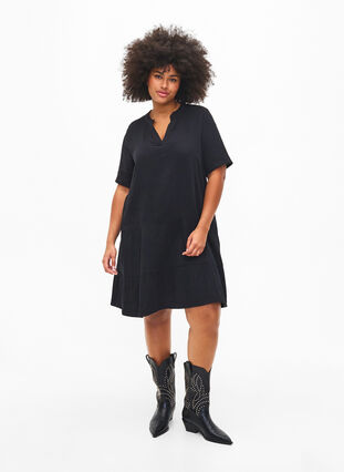 Short sleeve dress in 100% cotton, Black, Model image number 0