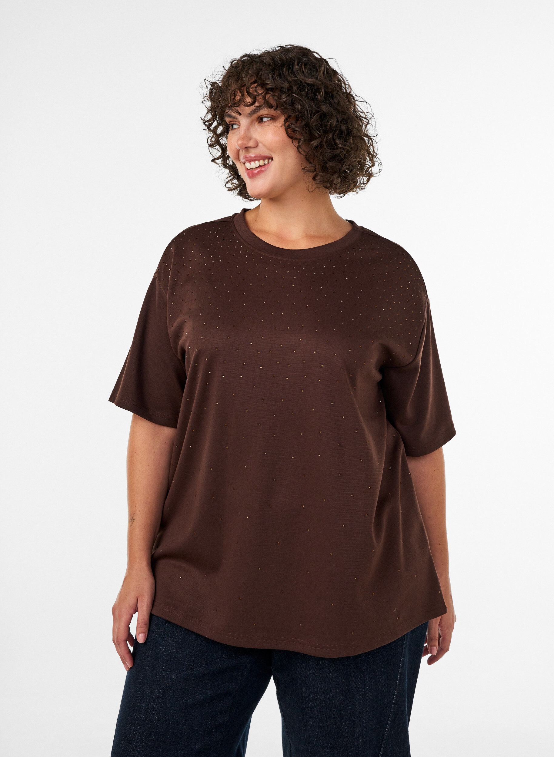 ZizzifashionT-shirt with rhinestones and round neck, Brown, Model image number 0