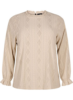 Blouse with ruffle details and tone-on-tone pattern, Sand, Packshot image number 0