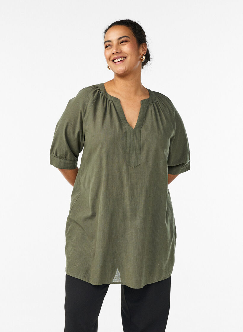 Cotton tunic with a V-neck, Green, Model image number 0