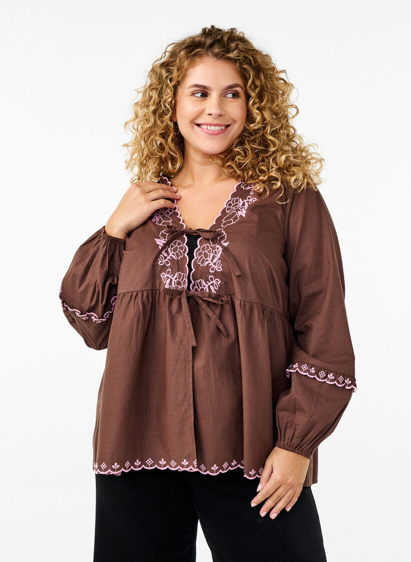 Blouse with open front and embroidered details, Brown, Model image number 0