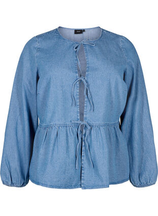 Denim peplum blouse with tie fastening, Light Blue Denim, Packshot image number 0