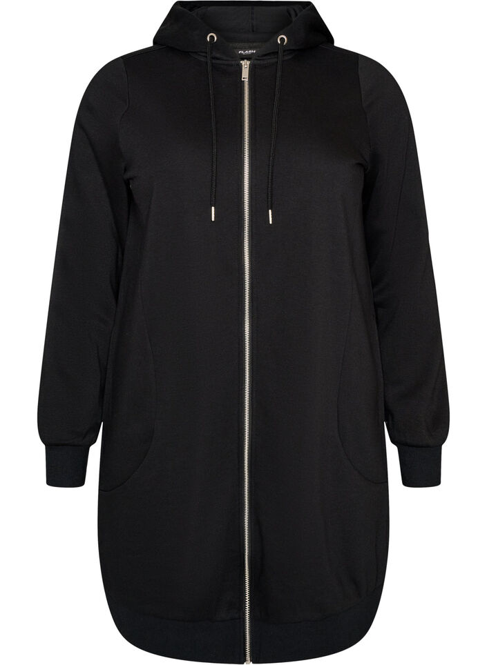 Long hoodie with zip and pockets, Black, Packshot image number 0
