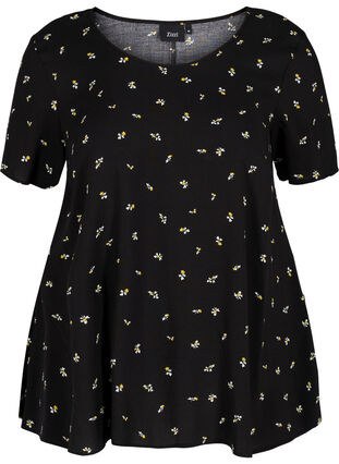 Viscose blouse with print and short sleeves, Black AOP, Packshot image number 0