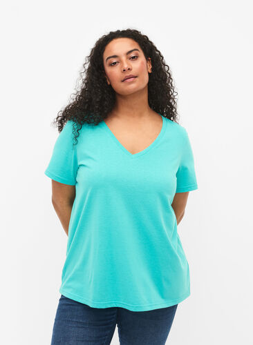 Short sleeve t-shirt with v-neckline, Turquoise, Model image number 0
