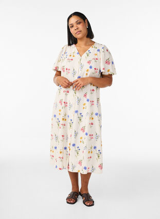 Midi dress in linen and viscose with ruffle sleeves - Beige - Sz. XXL - Zizzifashion Midi dress in linen and viscose with ruffle sleeves - Beige - Sz. XXL - Zizzifashion