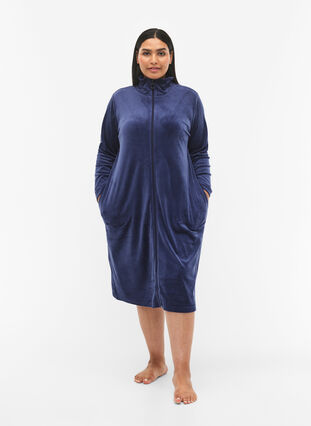 Velour bathrobe with zipper, Peacoat, Model image number 3