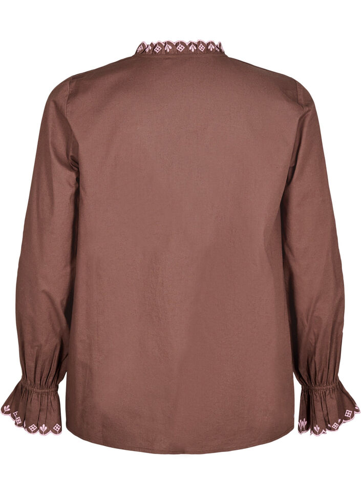 Blouse with embroidery and ruffle details, Brown, Packshot image number 1