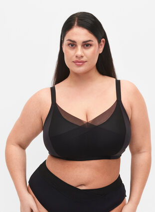 Bra with mesh and padded cups - Black - Sz. 85E-115H - Zizzifashion