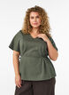 Blouse in a cotton blend with a V-neck and tie-string, Green, Model image number 0