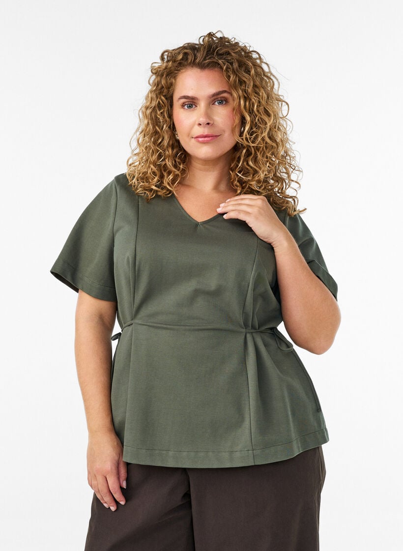 Blouse in a cotton blend with a V-neck and tie-string, Green, Model image number 0