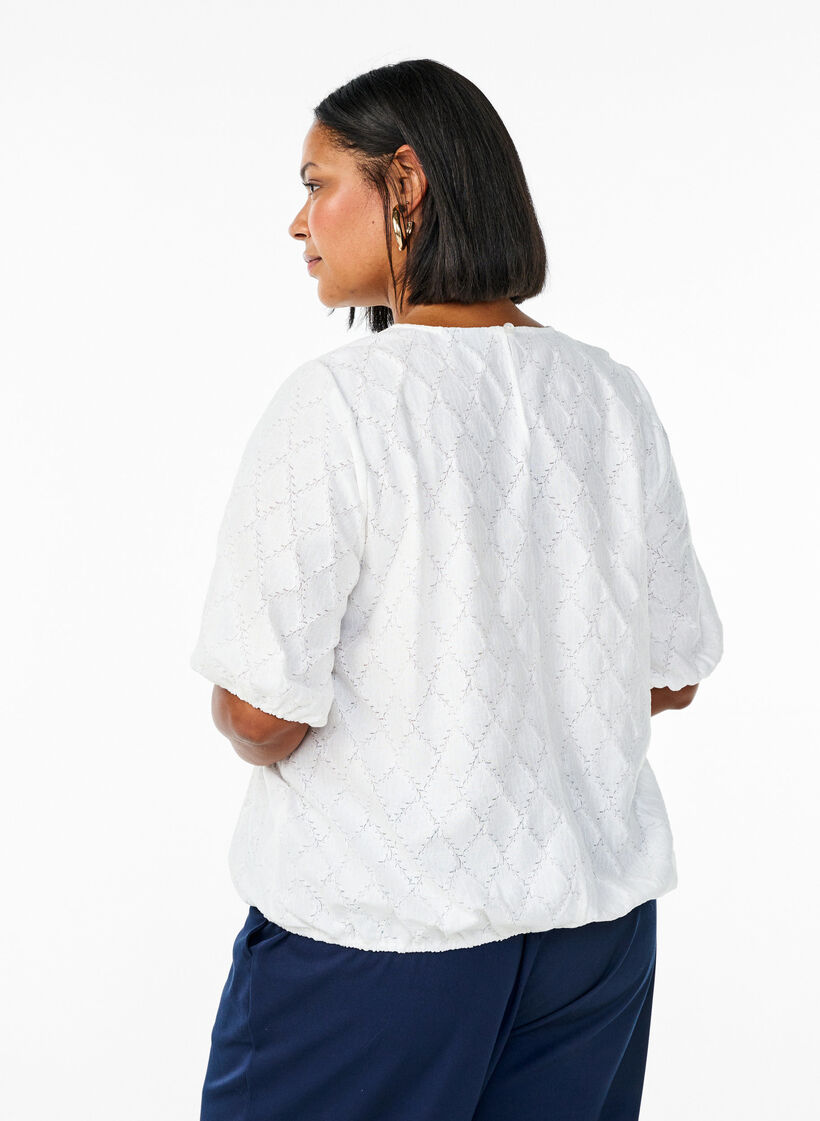Short-sleeved blouse with textured pattern, Bright White, Model image number 1