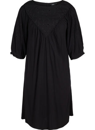 Viscose dress with embroidery and short sleeves, Black, Packshot image number 0