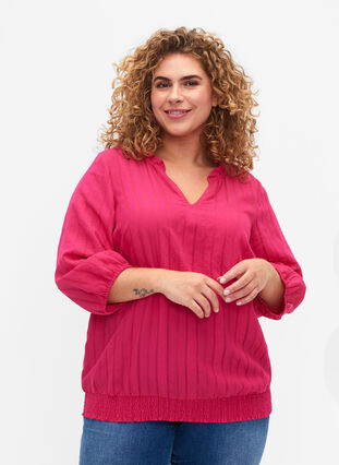 Viscose blouse with 3/4 sleeves and smock, Beetroot Purple, Model image number 0