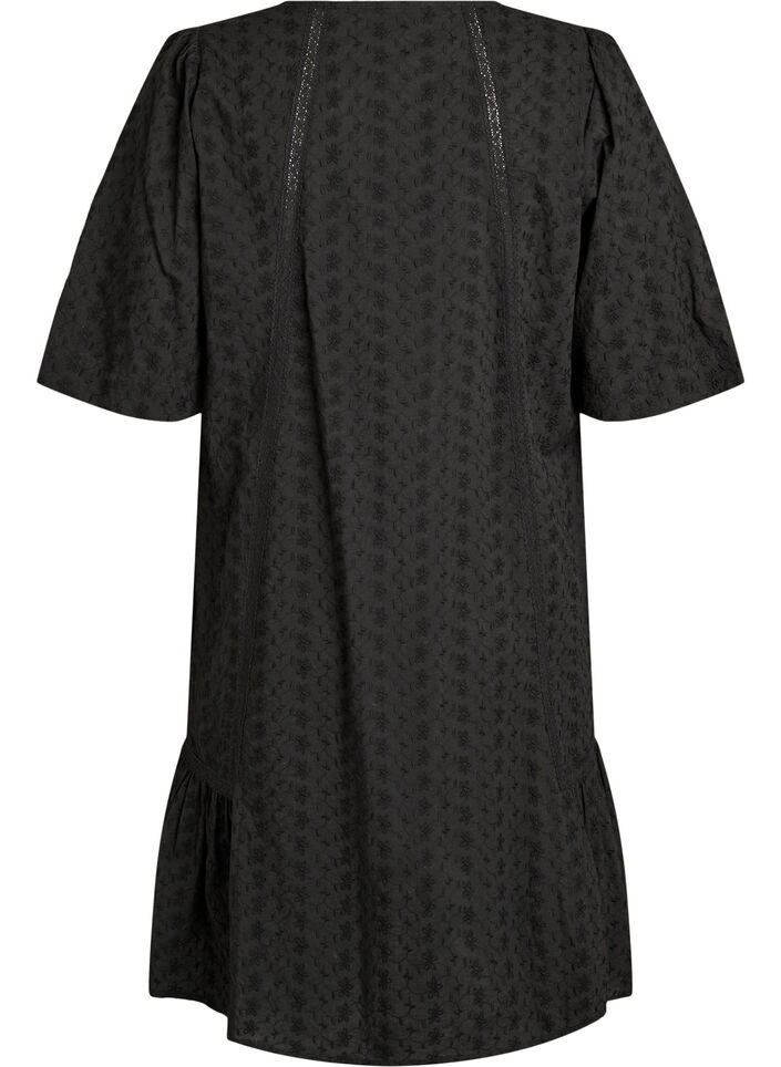 Knee-length cotton dress with embroidery and a V-neck, Black, Packshot image number 1