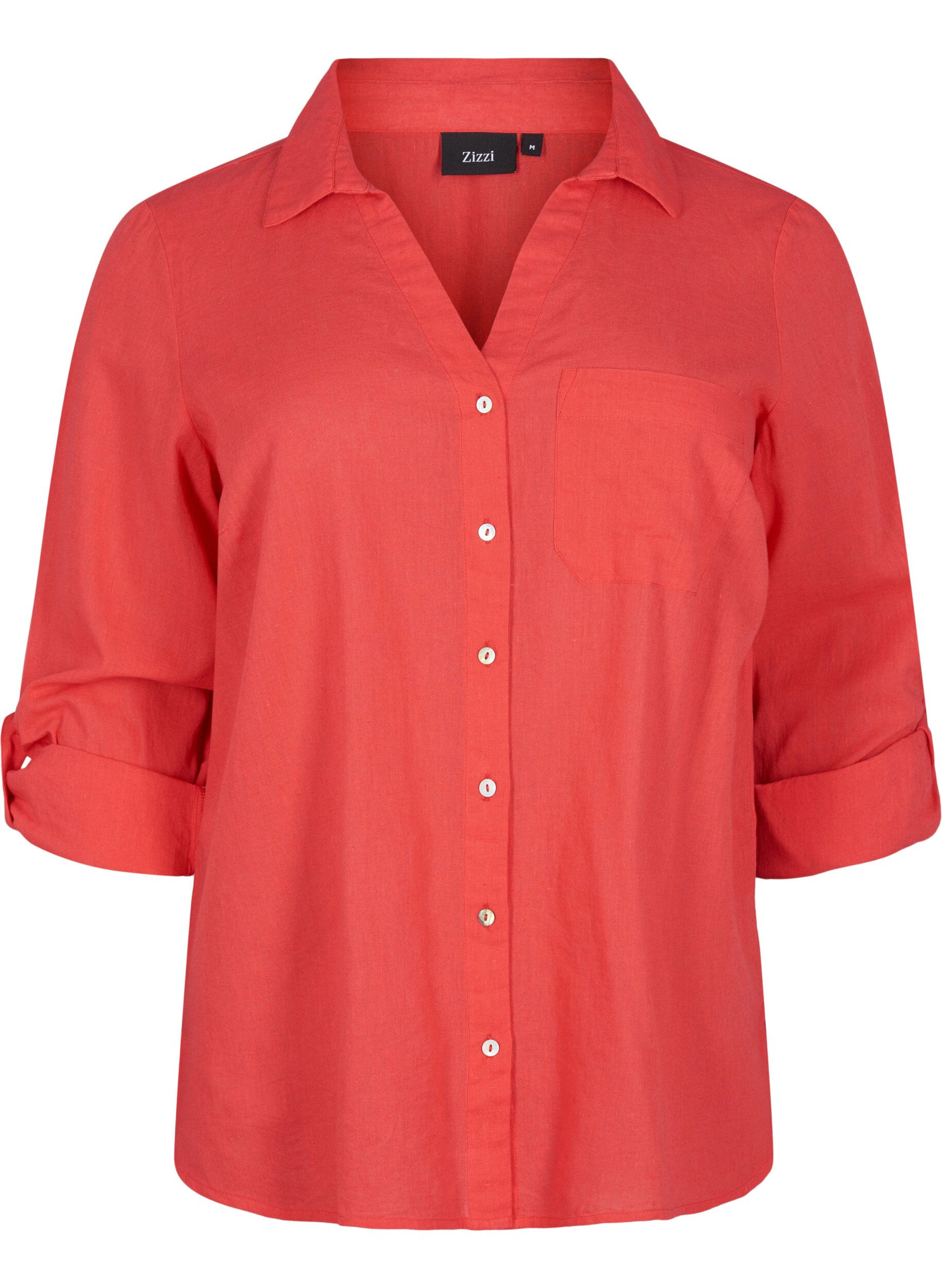 Zizzifashion Shirt blouse with button closure in cotton-linen blend, Hibiscus, Packshot image number 0