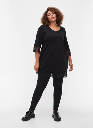 Cotton tunic with 3/4-length sleeves and lace details, Black, Model image number 2