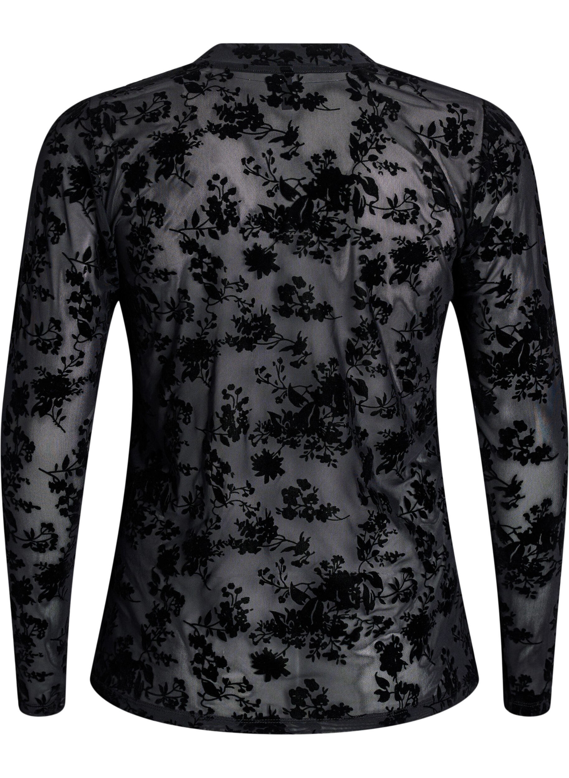 Zizzifashion Mesh blouse with floral pattern, Black, Packshot image number 1