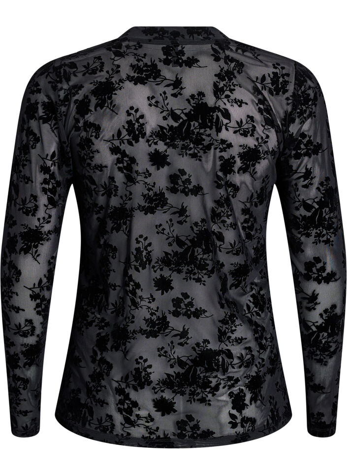 Mesh blouse with floral pattern, Black, Packshot image number 1