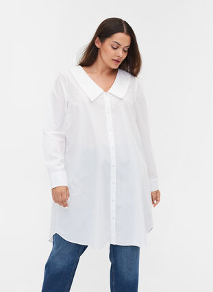 Long cotton shirt with big collar, Bright White, Model image number 0