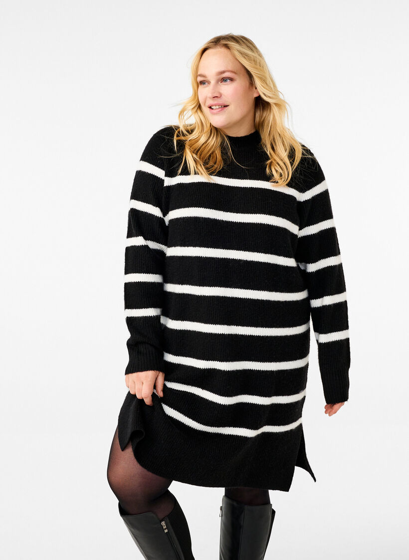 Long-sleeved knitted dress with stripes, Black Cloud D. Comb, Model image number 0