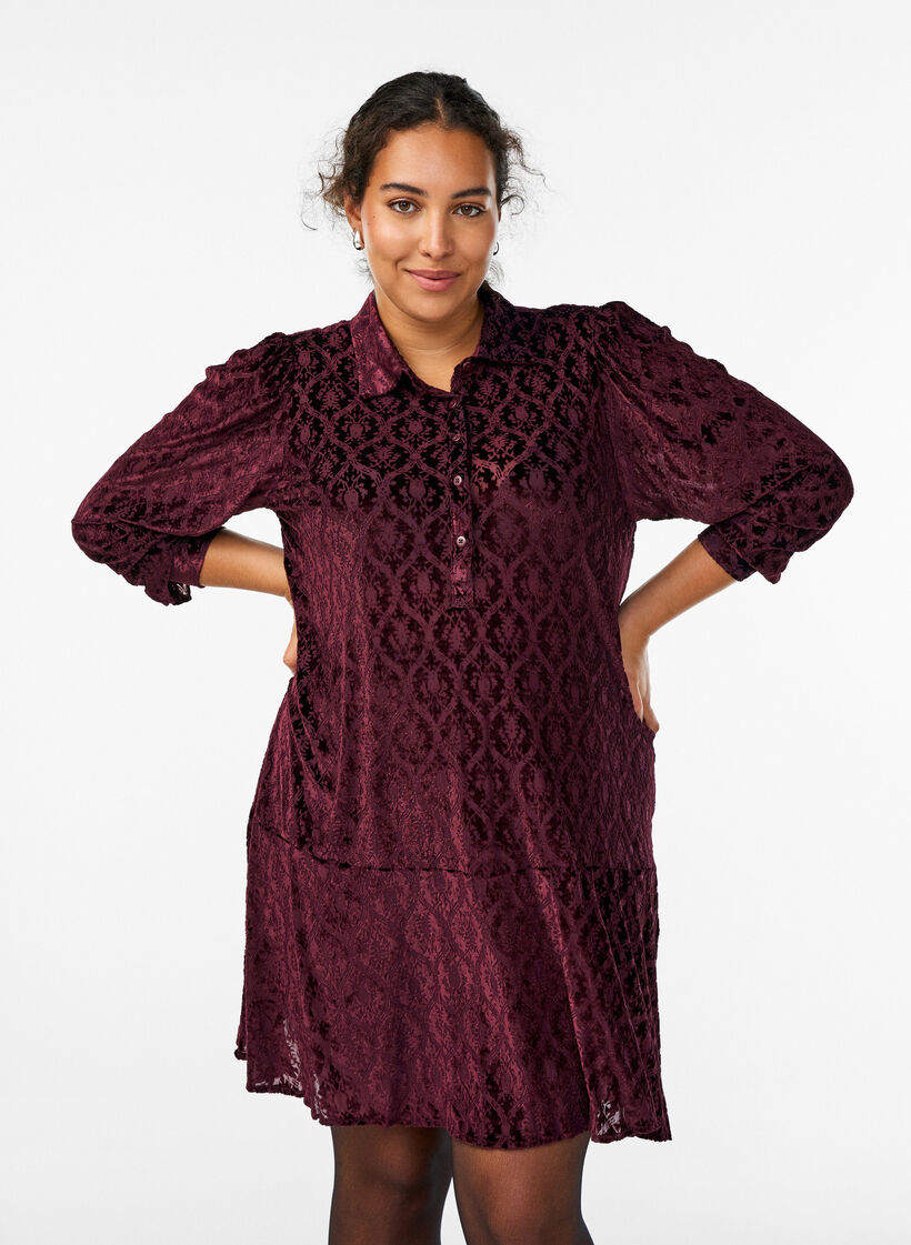 Short dress with a velour pattern, Red, Model image number 0